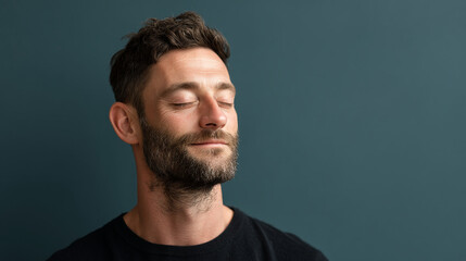 Obraz premium Man meditating mindfulness calm peaceful relaxation stress relief zen wellbeing portrait studio shot