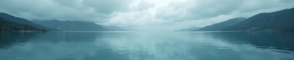 Obraz premium A serene lake reflects the vast expanse of grey cloudy sky with a small opening in its surface, exposing a hidden underwater world , lake, mystery, ocean