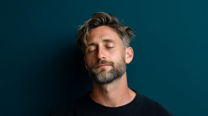 Obraz premium Portrait of man meditating eyes closed against blue wall for mindfulness and relaxation lifestyle concept