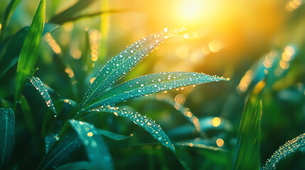 A hyper-realistic close-up of a dew-covered green leaf glistening in morning sunlight, showcasing vibrant colors and ultra-detailed textures with a shallow depth of field. Perfect for nature and botan