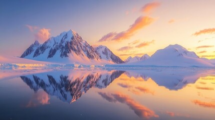 Stunning Antarctic sunset reflecting on a calm, pristine lake.  A majestic mountain range bathed in warm golden light