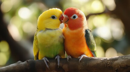 Colorful Lovebirds Perched on Branch in a Natural Setting
