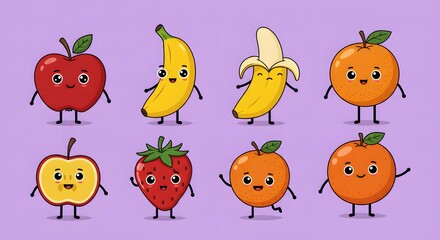 Cute Cartoon Fruits Group Illustration with Smiling Faces on Purple Background