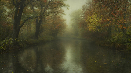 Fototapeta premium Misty waterway tranquil nature scene peaceful landscape photography