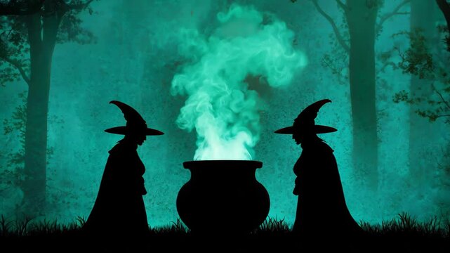 This atmospheric image captures two witches in a dark forest, casting spells beside a glowing cauldron. The misty surroundings enhance the magical and mysterious vibe.