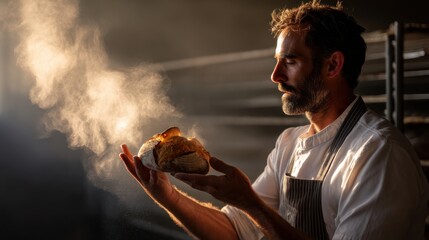 Baker Holding Fresh Bread Loaf with Rising Steam
