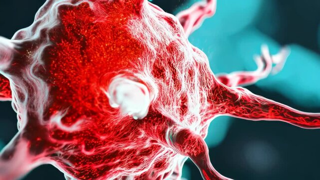This digital artwork features a vivid 3D representation of a virus cell structure, showcasing intricate details of its morphology against a bold background, ideal for scientific contexts.