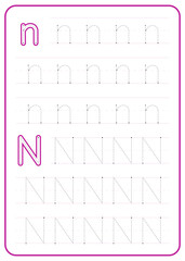 Letter N tracing. A worksheet for children's writing practice. Vector design.