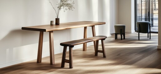 Wooden table bench minimalist room brightly lit furniture design