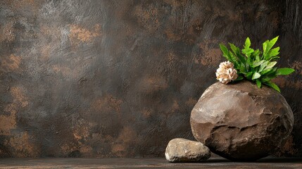 Obraz premium Serene stone sphere with green plants balanced still life image