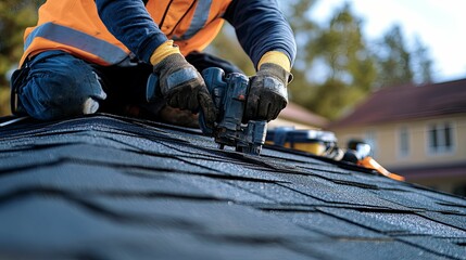 A roofer secures asphalt shingles to a residential roof.