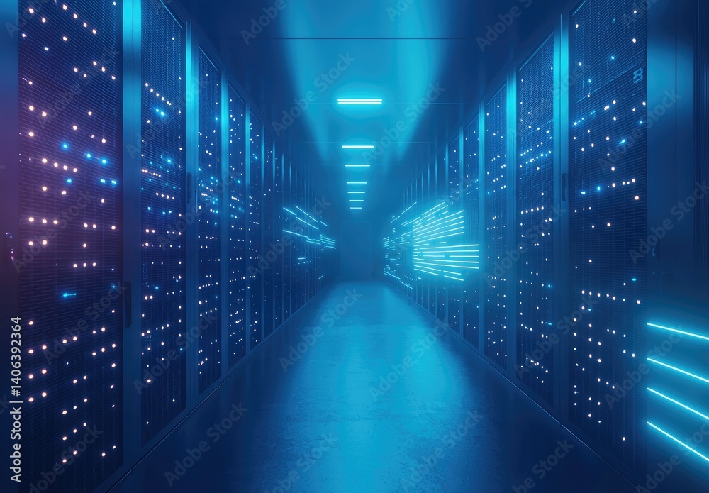 Poster futuristic server room hallway with glowing blue lights and digital pulse lines. ideal for cybersecu