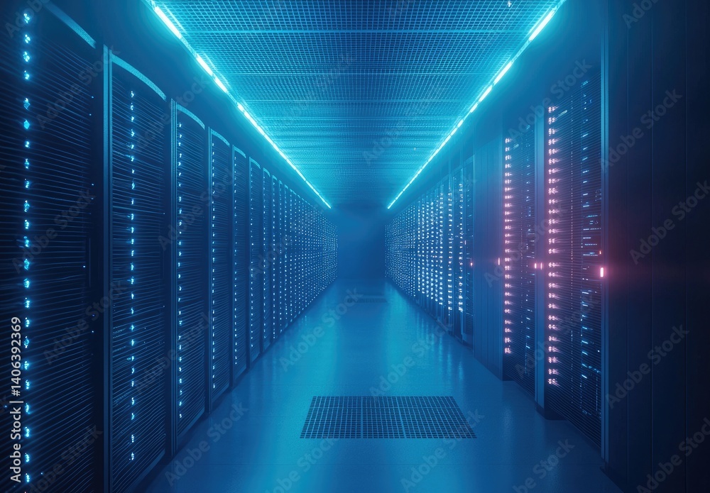 Poster Blue-lit futuristic server room with symmetrical rows of glowing racks and a reflective floor. Ideal for themes like cloud computing, cybersecurity, and digital infrastructure