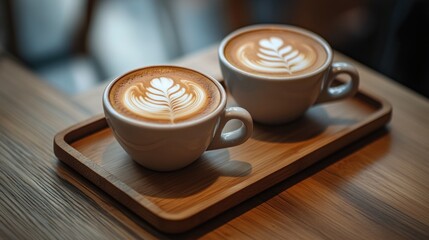 Two steaming lattes artfully crafted