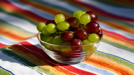 Luscious green and red grapes in a glass bowl on a colorful striped beach towel.