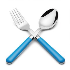 Fototapeta premium Fork and spoon with blue handles crossed isolated on white background