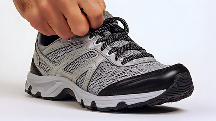 Hand Tying Shoelaces of Grey and Black Athletic Sneaker on White Background