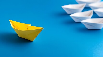 Yellow Paper Boat Leading a Fleet of White Boats - Symbolizing Leadership and Innovation