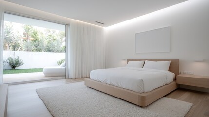 Obraz premium Serene minimalist bedroom interior design white and off white calm aesthetic