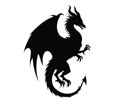 Maleficent dragon silhouette. This image showcases a fierce dragon with wings, horns, and a spiked tail in a striking pose. Vector illustration black clipart design.