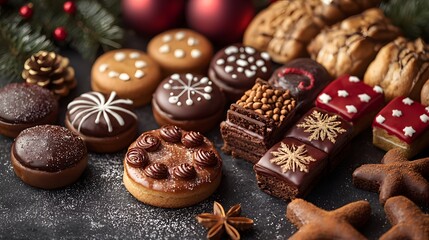 A delectable assortment of festive Christmas cookies and brownies arranged on a dark surface provides ample copy space for holiday text or ing making it perfect for seasonal