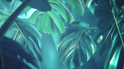 Monstera Deliciosa Leaves Tropical Green Foliage in Lush Indoor Jungle Setting