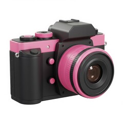 A pink and black camera with a lens facing towards the viewer isolated on white background