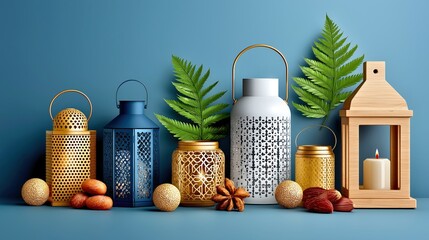 A blue lantern sits next to a white lantern and a candle