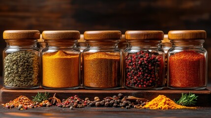 Colorful spice jars arranged on a rustic wooden surface.  A variety of ground and whole spices in clear glass jars with wooden lids