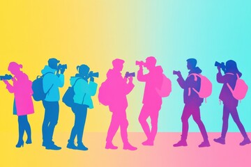 Obraz premium People capturing moments with cameras and phones against a bright, vibrant background during a lively outdoor gathering