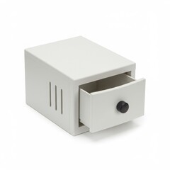 Fototapeta premium Small box with drawer slightly open and knob in front view angle isolated on white background