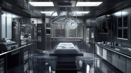 Sterile operating room, futuristic design, city view