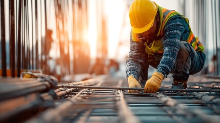 Construction worker tying steel reinforcement bars at sunrise on a building site