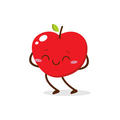 Cute red apple cartoon character with smiling face, showing a Friendly pose. Perfect for kids illustrations, healthy food designs, or educational materials. Isolated on white background with soft shad