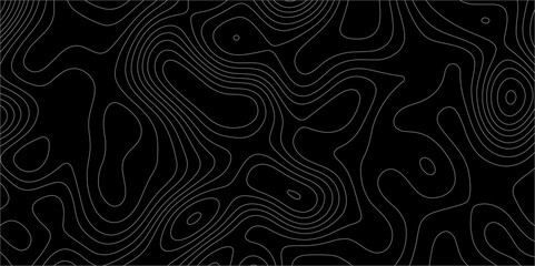 Abstract white on black background with Topographic line map pattern. abstract wavy and curved lines background. linear map. Dark seamless design. Bold tile able isolines pattern. Vector illustration.