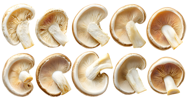 Fresh mushroom slices arranged isolated on white background, HD and realistic