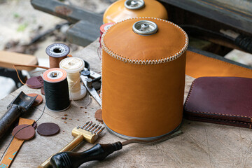 Genuine leather gas cover working craftmanship on wood leather working camping equipment