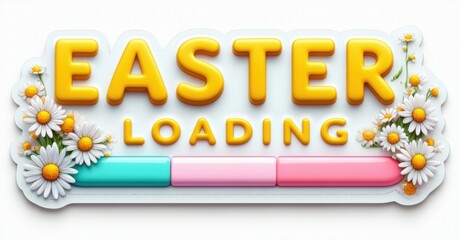 Bright yellow EASTER LOADING text over white background. Daisies frame design with progress bar below. Festive, cheerful spring imagery.