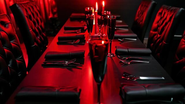 A stylish dining setup featuring a black table adorned with elegant tableware and dramatic red lighting, creating a perfect ambiance for gatherings and celebrations.