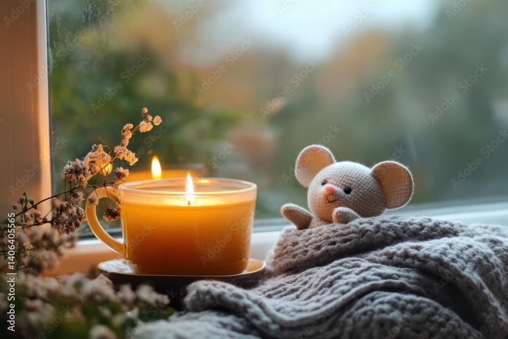 Poster cozy window sill with tea, candle, and a plush mouse creating a peaceful atmosphere during a serene 
