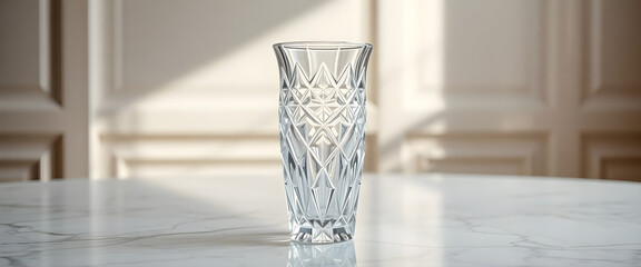 glass vase sitting on top of a marble table