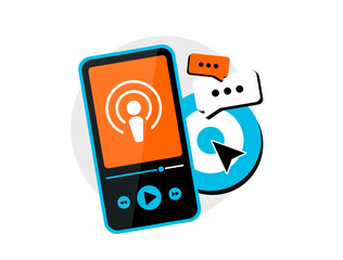 Podcast marketing uses audio content and storytelling to build trust, increase engagement and promote brands through digital channels. Podcast marketing and audio advertising vector illustration