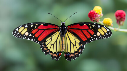 Obraz premium Vibrant Red And Yellow Butterfly With Black Markings On Delicate Wings Perched On Blooming Flower In Lush Green Garden