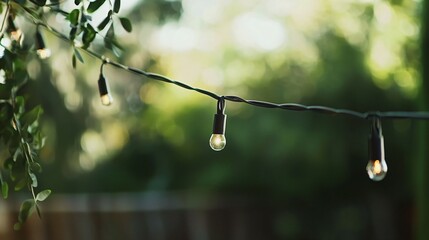 Outdoor string lights on a line, evoking simplicity and warmth.