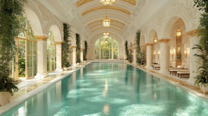Luxurious Indoor Swimming Pool with Gold Accents and Lush Greenery