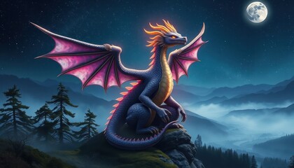 Dragon on Mountain Under Night Sky