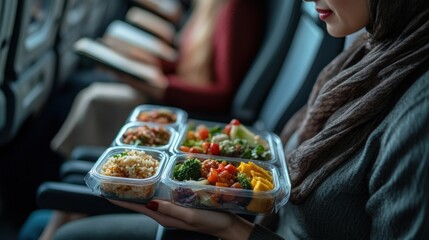 Woman holding a tray of airplane food