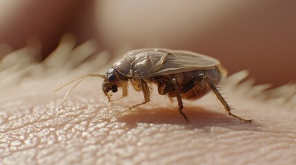 Pale insect feeding on human skin outdoors