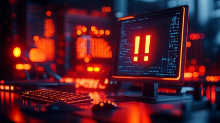 A computer monitor displaying a bright red exclamation mark error message in a server room.
