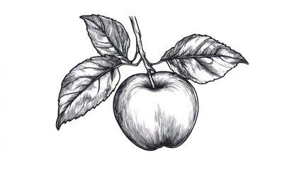Hand-drawn apple branch, leaves, white background